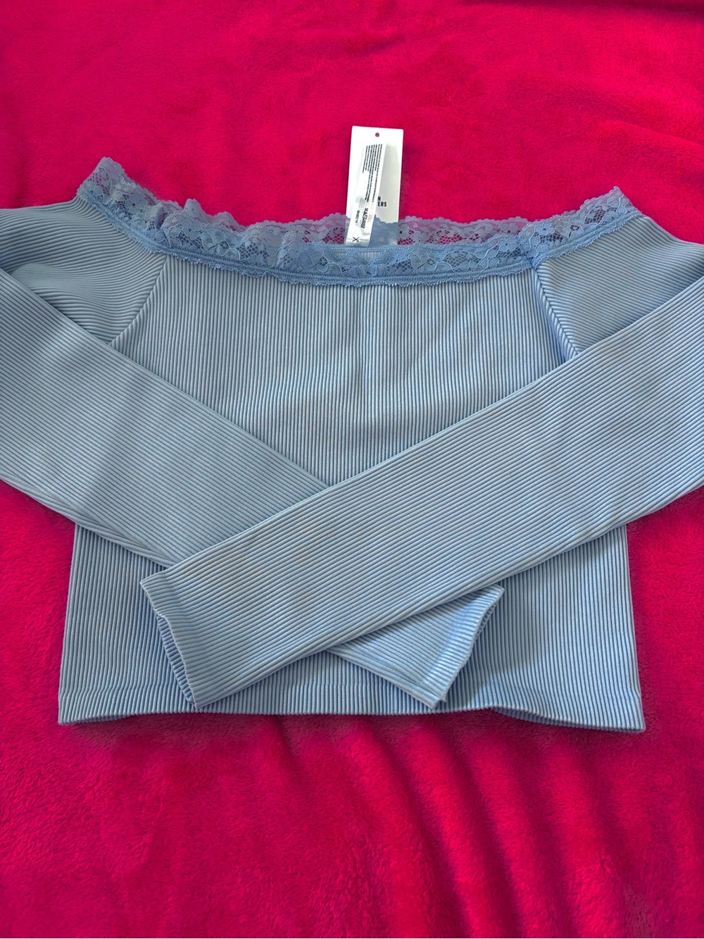 Urban Outfitters Light Blue Ribbed Lace-Trim Long Sleeve Off Shoulder Top